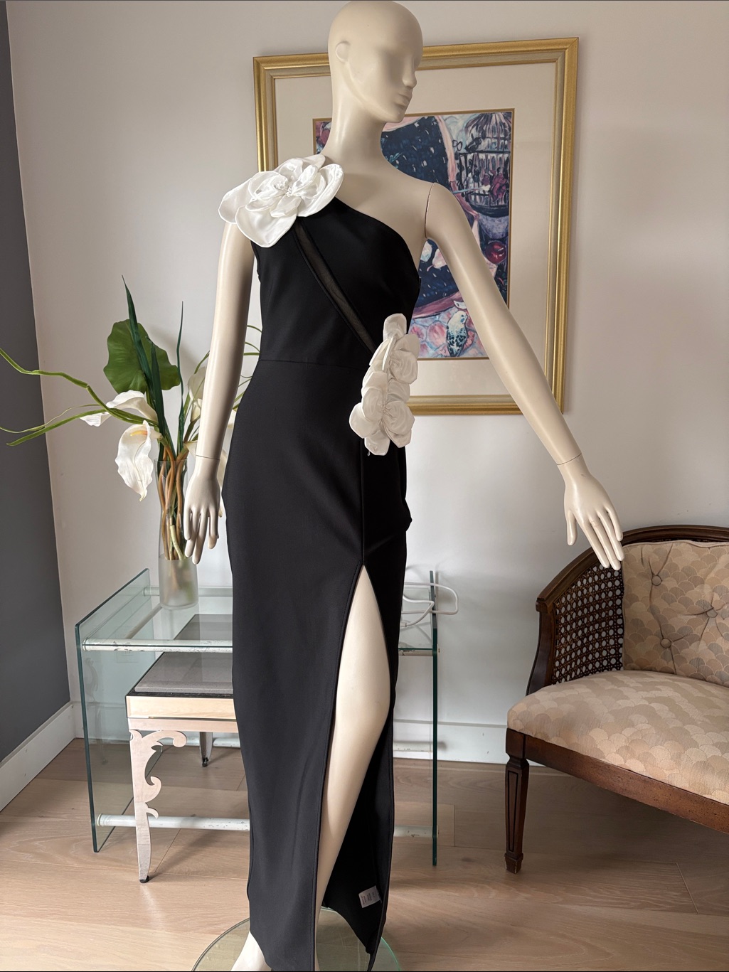 One-Shoulder Black Evening Gown With White Floral Accents